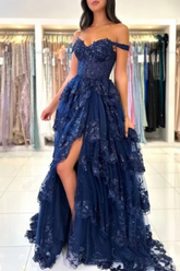 Off-the-shoulder Tulle A-line Long Prom Dress with Lace Applique-27dress