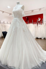 Off The Shoulder Tulle Lace Ivory Ruffles A-Line Wedding Dresses-27dress