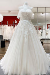 Off The Shoulder Tulle Lace Ivory Ruffles A-Line Wedding Dresses-27dress