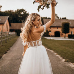 Off-the-Shoulder Tulle Wedding Dress Boho Lace Long-27dress