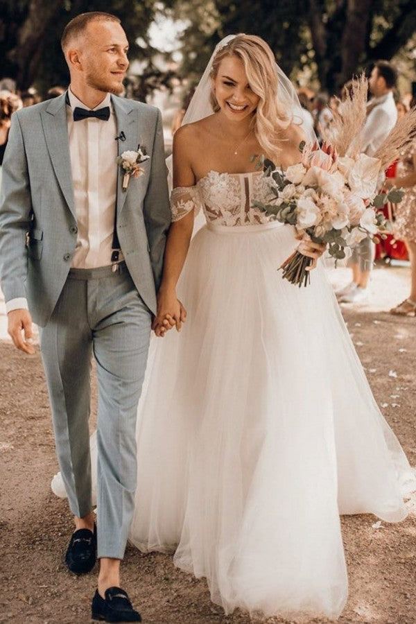 Off-the-Shoulder Tulle Wedding Dress Boho Lace Long-27dress