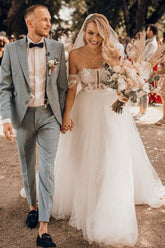 Off-the-Shoulder Tulle Wedding Dress Boho Lace Long-27dress