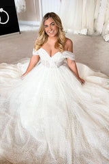 Off-the-Shoulder Tulle Wedding Dress Princess With Pearls-27dress