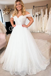 Off-the-Shoulder Tulle Wedding Dress Princess With Pearls-27dress