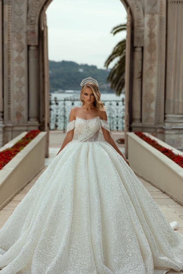 Off-the-Shoulder Wedding Dress Ball Gown With Lace Sequins-27dress