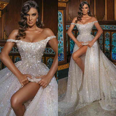 Off-the-Shoulder Wedding Dress Beadings With Split Overskirt-27dress