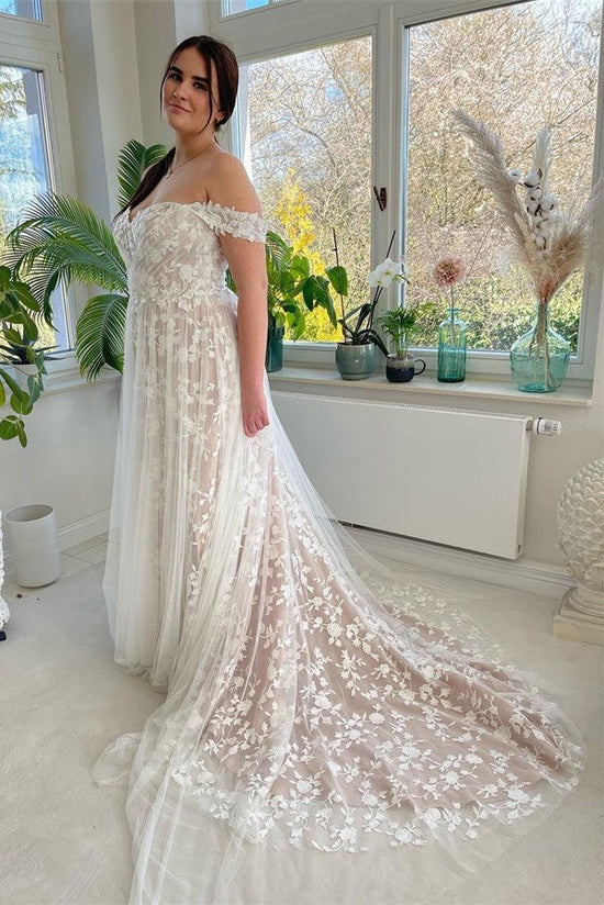 Off-the-Shoulder Wedding Dress Champagne Lace Appliques-27dress