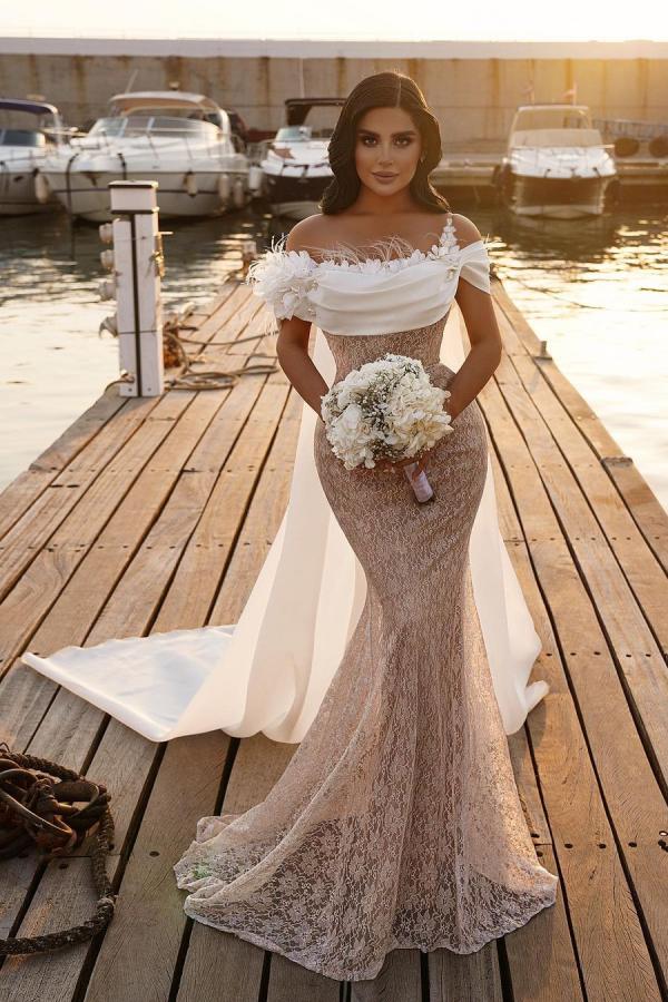Off-the-Shoulder Wedding Dress Mermaid Lace With Cape-27dress