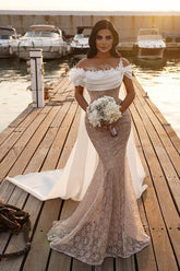 Off-the-Shoulder Wedding Dress Mermaid Lace With Cape-27dress