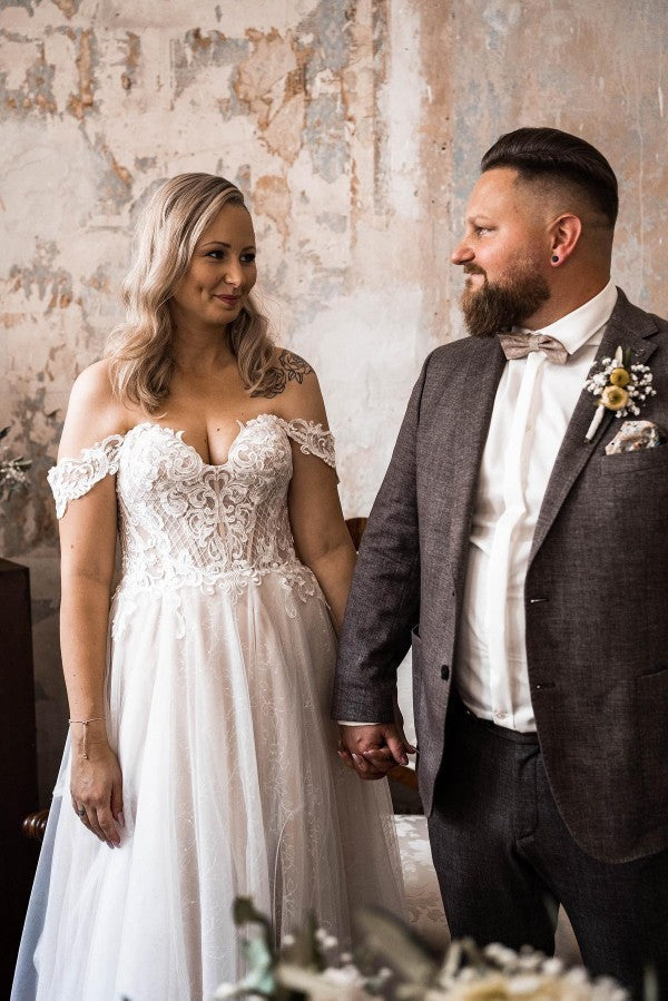 Off-the-Shoulder Wedding Dress Tulle Lace Long-27dress