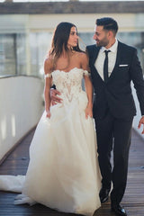 Off-the-Shoulder Wedding Dress Tulle Long With Appliques-27dress