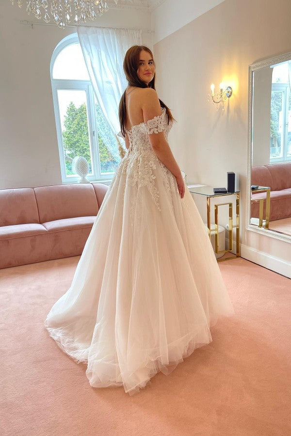 Off-the-Shoulder Wedding Dress Tulle Princess With Lace Appliques-27dress