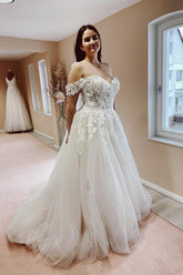 Off-the-Shoulder Wedding Dress Tulle Princess With Lace Appliques-27dress