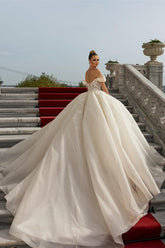 Off-the-Shoulder Wedding Gown Tulle With Appliques-27dress