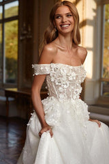 Off-the-Shoulder White Wedding Dress Lace-up Shiny With Appliques-27dress