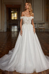 Off-the-Shoulder White Wedding Dress Lace-up Shiny With Appliques-27dress