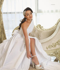 Off-the-Shoulder White Wedding Dress Satin With Slit-27dress