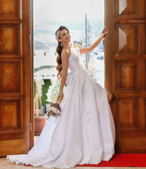 Off-the-Shoulder White Wedding Dress Satin With Slit-27dress