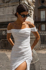 Off-the-Shoulder White Wedding Dress Sequins Mermaid With Slit-27dress