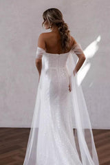 Off-the-Shoulder White Wedding Dress Sequins Mermaid With Slit-27dress