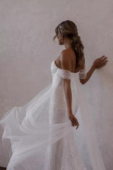 Off-the-Shoulder White Wedding Dress Sequins Mermaid With Slit-27dress
