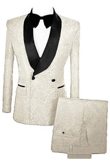 Off Double Breasted Jacquard Chic White Wedding Suits With Velvet Lapel