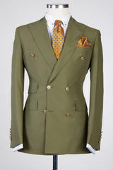 Peaked Lapel Double Breasted Close Fitting Olive Green Prom Suits