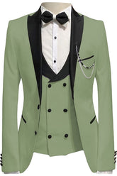 Peaked Lapel Three Pieces Fancy Olive Green Prom Suits