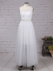One Shoulder Ball Gown Wedding Dresses with Beading and Tulle Floor-length