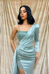 One Shoulder Long Sleeve Front Split Mermaid Prom Dress Light Green With Sequins
