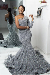 One Shoulder Long Sleeve Long Mermaid Prom Dress With Sequin