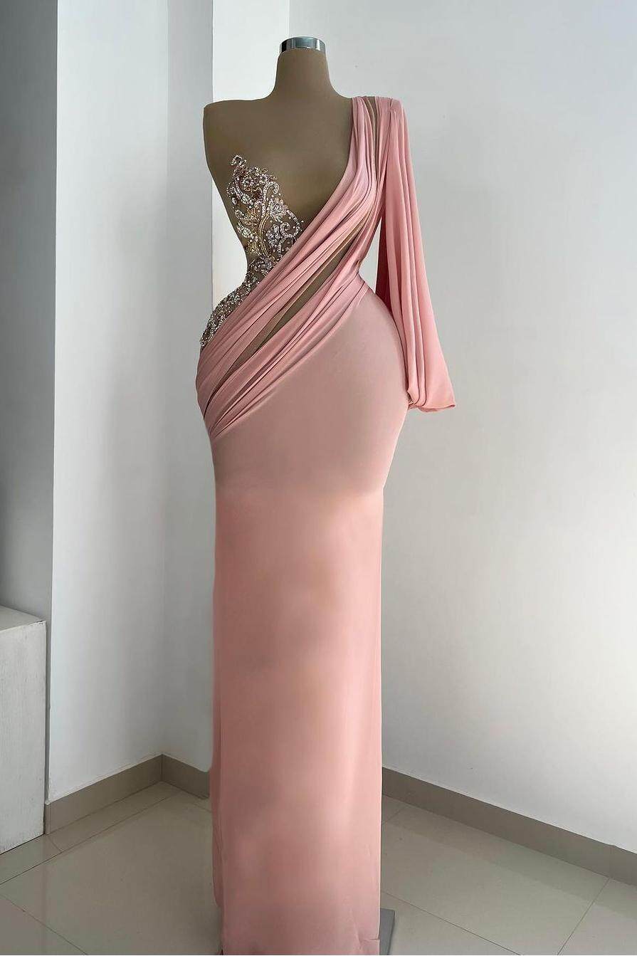 One Shoulder Long Sleeve Mermaid Long Prom Dress With Appliques