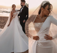 One Shoulder Long Sleeves Wedding Dress Sequins Bridal Gown-27dress