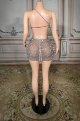 One-Shoulder Mini Sheath Tulle Homecoming Dresses with Diamonds-27dress