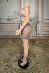 One-Shoulder Mini Sheath Tulle Homecoming Dresses with Diamonds-27dress