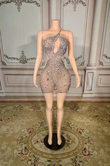 One-Shoulder Mini Sheath Tulle Homecoming Dresses with Diamonds-27dress