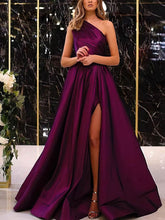 One Shoulder Satin Ruffles Prom Dress with Ball Gown/Princess Sweep Train