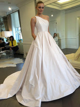 One Shoulder Satin Sweep Train Wedding Dress with Pockets