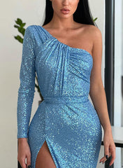 One-Shoulder Sequined Prom Dress with Split Front and Long Sleeves - Sheath/Column Floor-Length-27dress