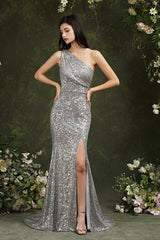 One Shoulder Silver Sequins Bridesmaid Dress Mermaid With Slit-27dress