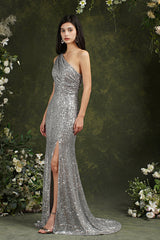One Shoulder Silver Sequins Bridesmaid Dress Mermaid With Slit-27dress