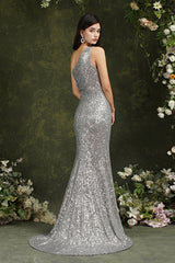 One Shoulder Silver Sequins Bridesmaid Dress Mermaid With Slit-27dress