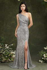 One Shoulder Silver Sequins Bridesmaid Dress Mermaid With Slit-27dress
