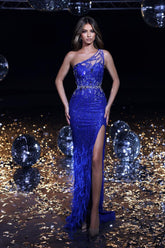 One Shoulder Sleeveless Appliques Front Split Long Prom Dress With Feather