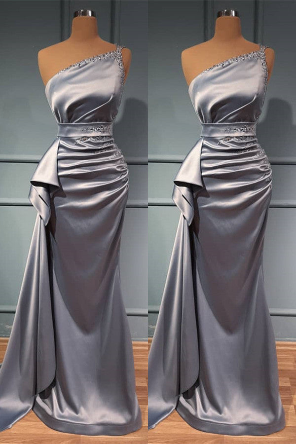 One Shoulder Sleeveless Beadings Prom Dress Shiny Sliver With Belts Online