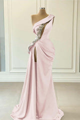 One Shoulder Sleeveless Blue High Split Long Mermaid Prom Dress With Beaded