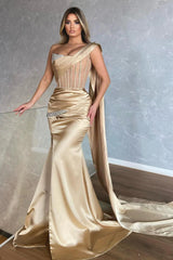 One Shoulder Sleeveless Champagne Mermaid Prom Dress With Split Ruffles
