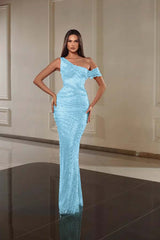 One Shoulder Sleeveless Long Mermaid Prom Dress With Beading