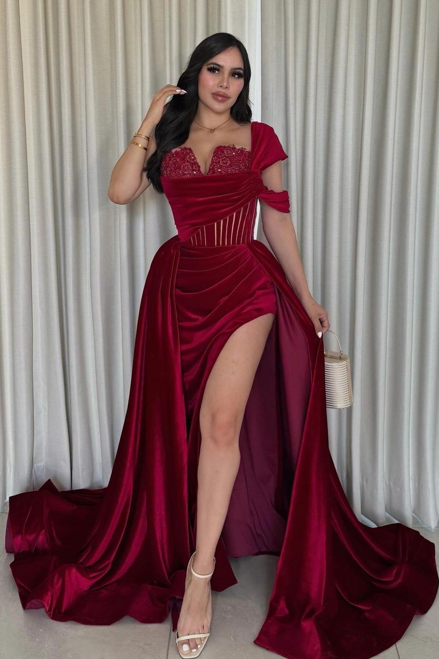 One Shoulder Sleeveless Long Mermaid Prom Dress With Split Pleated