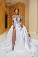 One Shoulder Sleeveless Long Split Prom Dress With Appliques